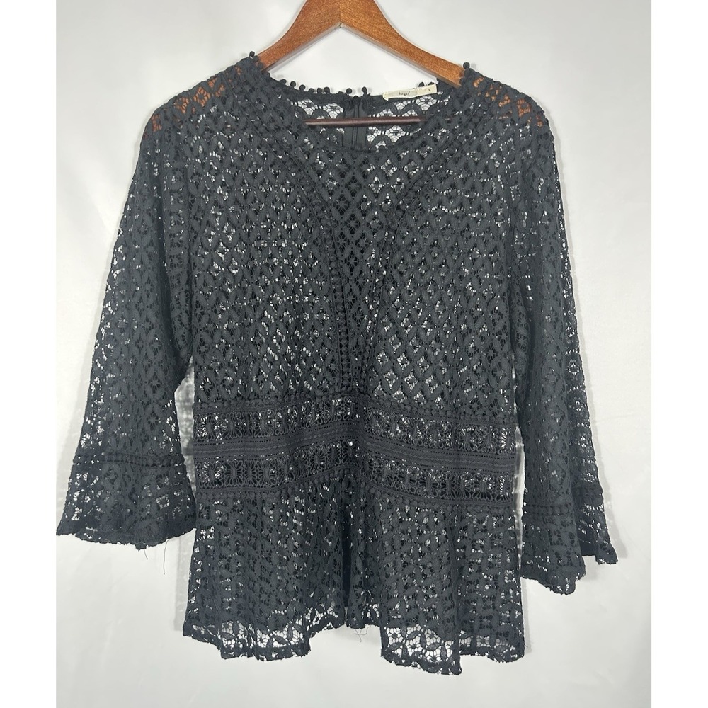 Hazel Open Knit Crochet‎ Eyelet Overlay Top Size L Black Whimsigoth Fairy Grunge